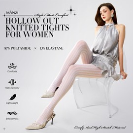 MANZI Women's Hollow Out Knitted Patterned Tights White Lace Fishnet Stockings Vertical Strips Pantyhose with High Waist (Heart,One Size)