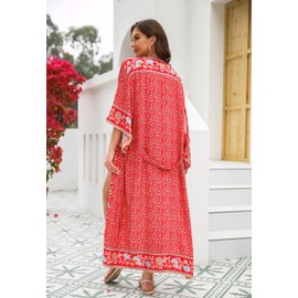 R.Vivimos Women's Vintage Floral Print Beach Boho Cardigan Kimono Maxi Swimwear Cover up Dress Wrap (XL, Red#3)