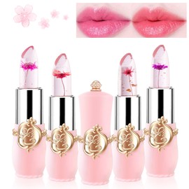 Ceboic Set of 4 Crystal Flower Jelly Lipstick Set, Magic Temperature Colour Changing Lip Gloss Transparent Waterproof Lip Balm, Long-Lasting Moisturising Cream Jelly Lipstick for Mother Girls