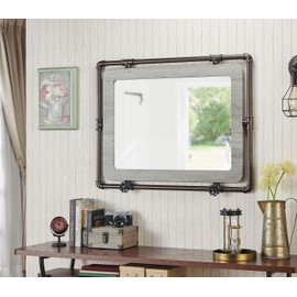 247SHOPATHOME Harimon Metal Pipe Wall Mirror, Vintage Gray Oak
