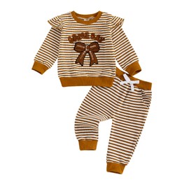 Fufuriprefer Toddler Baby Girl Fall Clothes Football Outfit Long Sleeve Sweatshirt Pullover Tops Jogger Pant Set (Waffle-Khaki, 12-18 Months)