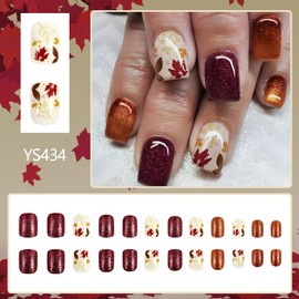 24Pcs Fall Press on Nails Short Square Fake Nails with Maple Leaf Designs Full Cover Glue on Nails Wine Red Gold Glitter Autumn Maple Leaves Acrylic Nails for Women