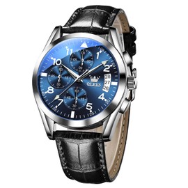 OLEVS Blue Quartz Watches for Men Big Dial Analog Chronograph Watch Easy Read Arabic Numeral Mens Silver Bezel Black Faux-Leather Watches with Date Water Resistant Luminous Hands Dress Watch Men