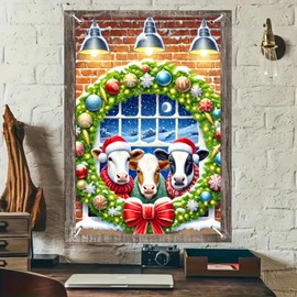 BlissYard Christmas Window Cover Farmhouse Cow Banner 31x47 Inch Rustic Holiday Window Hanging Background Indoor Outdoor Farmhouse Decor Seasonal Party Backdrop Home Wall Display