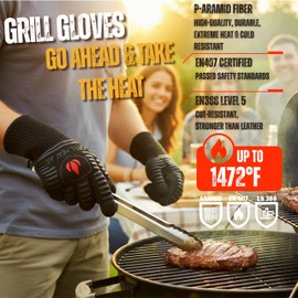 GRILL HEAT AID Extreme Heat Resistant BBQ Gloves - 1472°F Heat Proof Grill Gloves for Grilling EN407 Certified Fireproof Gloves for Fire Pit & Smoker, High Temp Grill Mitts for Outdoor Cooking & Oven