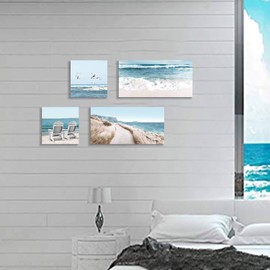 Coastal Beach Canvas Wall Art: Beach Chairs & Seagulls Flying Picture Painting Print for Wall Decor(12''x12''x2pcs+24''x12''x2pcs)