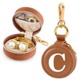 Mini Initial Travel Jewelry Case Ring Holder, Brown Faux Leather Small Jewelry Organizer Box Gifts for Women Girls Nurse Teacher, Gym Travel Accessories Keychain Pouch for Earrings Rings Necklace C