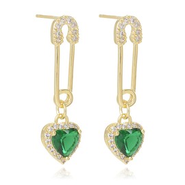 Saftey Pin Earrings Emerald Heart Pendant Earrings for Women Rhinestone Dangle Earrings for Teen Girls Gifts for Her