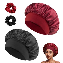 Set aus Satin-Schlafmützen für die Nacht, mit breitem Gummiband, geeignet für Frauen mit langem Haar, inklusive 2 Duschhauben + 2 Haarspangen (schwarz + rot)