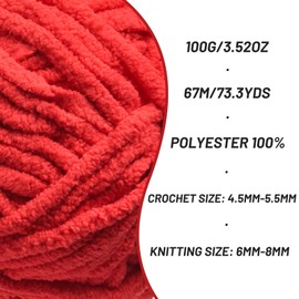 Chunky Chenille Yarn for Crocheting，Baby Yarn for Crocheting Soft Blankets，Bulky Yarns for Crochet Amigurumi，3×100g (3×74.3yds) Fluffy Velvet Yarns for Hand Knitting (3 Bright Red)