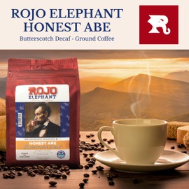 Rojo Elephant Honest Abe Butterscotch Flavored Handcrafted Decaf Ground Coffee, Single-Origin 100% Arabica Beans, Swiss Water, Mountain Water Process, Decaffeinated, 11 0z Pack