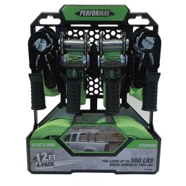 Performax 4 Pack 12' x 1" Green Ratchet Straps Tie Down Pistol Grip S Hook Truck Cargo