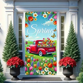 BlissYard Hello Spring Door Cover 71x35 Inch Red Truck Door Banner Spring Door Cover Porch Sign Spring Floral Butterfly Door Covers for Front Door Covers Party Decorative Supplies Outdoor Yard Banner