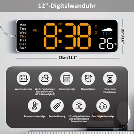 PiKaPiKaP 12 Inch Large Digital Wall Clock for Living Room, Remote Control, Dual Alarm, Large LED Display, Automatic Brightness, Date, Temperature, Weather Report, Timer