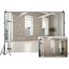 Leyiyi 10x8ft Photography Background Modern Study Backdrop Vintage Brick Wall French Arch Windows Glass Mansion Apartment Building Business Hall Wedding Bride Photo Portrait Vinyl Studio Video Prop