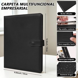 Carpeta Ejecutiva, Carpeta Portafolio Portátil, Carpeta Profesional Comercial De Cuero, Cubierta Impermeable con Papel Rayado para Documentos Legales, Comerciales, Cartas, Notas (Negro)