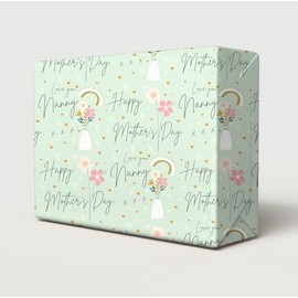 2 Sheets 2 Tags Mother's Day Green Flower Vase Love You Nanny Design Wrapping Paper White And Gold Hearts Nanny Gift Wrap (PA)