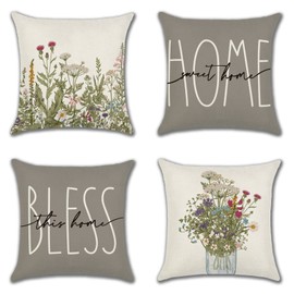JOTOM Set of 4 Cushion Covers Wildflowers Grey Decorative Square Home Sweet Home Throw Pillow Covers Sofa Car Pillowcase Summer Decorations for Outdoor Home Bed Couch Decor 45x45 cm (HOME Grey)