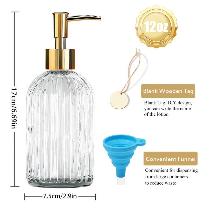 14 Oz Stripe Clear Glass Soap Dispenser with Gold Plastic