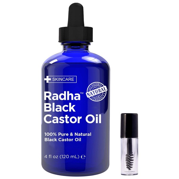 Aceite de ricino negro Radha Beauty (4 onzas) 100% puro, prensado en frío, sin hexano, estimula el crecimiento de pestañas, cejas, cabello. Suero de crecimiento de pestañas. Tratamiento de cejas