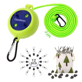 Portable Travel Clothesline Cord, Caudblor Adjustable 33ft Camping Clothes line, Laundry Drying Rope for Hotel Trip, Cruise, Outdoor/Indoor, with 12Pcs Stoppers, Windproof Clothespins