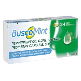 2 Pack of Buscomint Peppermint Oil 0.2ml Gastro Resistant Treatment, 24 Soft Capsules, Treats Painful Spasms, Bloating, and Trapped Wind and Abdominal Pain