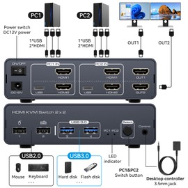 VEDINDUST KVM Switch 2 Monitors 2 Computers 4K60HZ Dual HDMI Share 4 USB Devices With Desktop Controller Aluminium