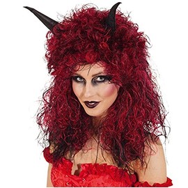 Wig: Black/Red Long Wavy Curly Devil Wig With Horns