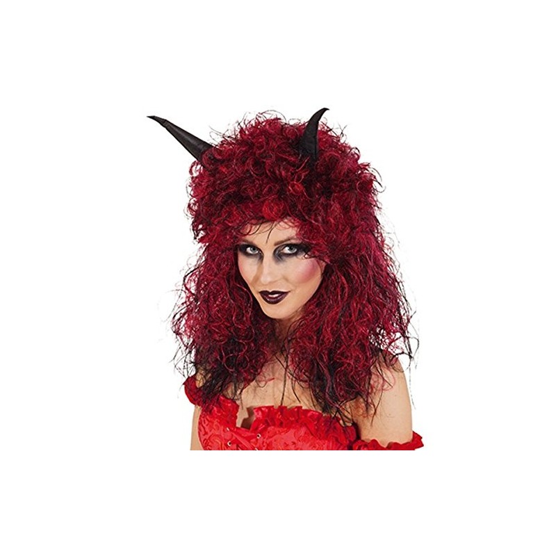 Wig: Black/Red Long Wavy Curly Devil Wig With Horns