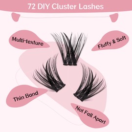 72 Pcs Lash Clusters DIY Eyelash Extension Individual Lashes D-10mm Thin Band Easy to Apply at home Lashes (Adore, D-10mm)