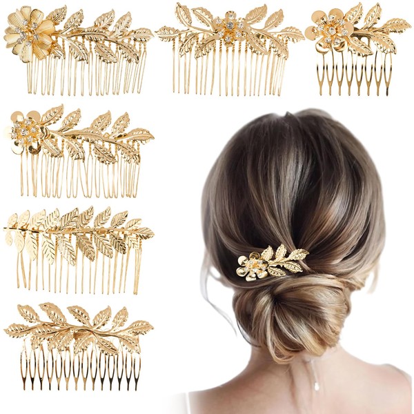 Jaciya Leaf Hair Comb Gold Hair Accessories Metal Hair Combs Rhinestone Flower Hair Side Combs Wedding Bridal Jewelry Hair Clips for Women Girls