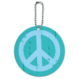 Artsy Peace Sign Symbol Teal Round Luggage ID Tag Card Suitcase Carry-On