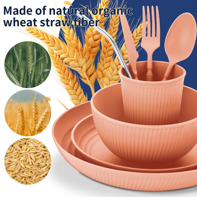 Wheat Straw Dinnerware Sets,64-Piece Plates and Bowls Sets for 8-Unbreakable,Reusable