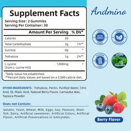 andmino L-Lysine Gummies 1000 mg, with Trehalose, L Lysine Gummies for Lips & Oral Wellness, Immune Support & Collagen & Calcium, for Adults & Kids, Non-GMO, Vegan, Gluten Free, Berry Flavor, 60