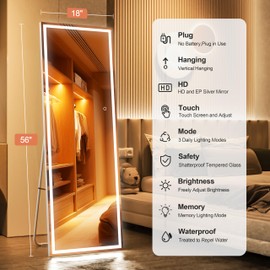 WINNICE Full Length Mirror with Lights, 56" x 18" LED Lighted Floor Standing Body Mirror, Dimmable & 3 Color Lighting for Bedroom, Cloakroom, Dressing Room, Tempered Glass, Square White