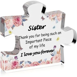 Sister Gift Puzzle-Shaped Acrylic Stand, with Warm-Hearted Phrases， Perfect for Christmas/Birthday Gift from Sibling,Sister Keepsake Decor for Bedroom or Office 4.9x3.9x0.6 inches