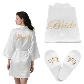 SZHUGEKI Bride Dressing Gown, Satin Kimono V-Neck Nightdress with Belt, Matching Slippers, for Pajama Parties, Wedding Parties