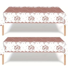 2Pcs Rose Gold Happy 50th Birthday Party TableCloth,137*274cm Plastic Rosegold 50th Table Cloth for Her Girl Women Birthday Table Decorations Disposable Party Tablecovers for 50th Birthday Party