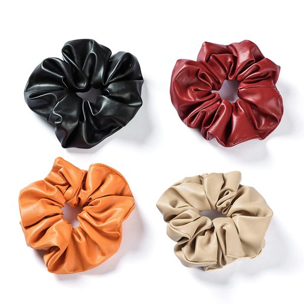 Soft Leather Hair Scrunchies for Women Oversize Elastic Hair Bands with Solid Color Classy Black Ponytail Holders for Thick Hair Strong Hair Tie Ropes as Girls Hair Accessories 4 Assorted Colors Scrunchies