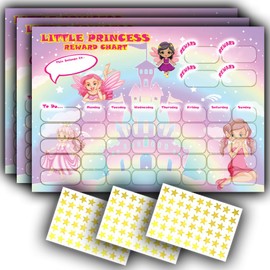 3 PACK - Princess Themed Reward Chart for Kids with 300 Gold Star Stickers - Learning, Routine & Good Behavior Chart
