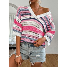Acelitt Womens Spring Summer Short Sleeve Crochet Knit Sweater 2024 Fashion Trendy Hollow Out V Neck Striped Knitted Tops Beach Swimsuit Cover Ups Pink Large