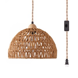 GNOLAK Plug in Pendant Light, Hanging Lamp with Plug in Cord, Hand Woven Rattan Lamp Shade, 15FT Hemp Rope Pendant Lamp Cord with On/Off Switch, Boho Hanging Lights Fixture for Living Room Bedroom