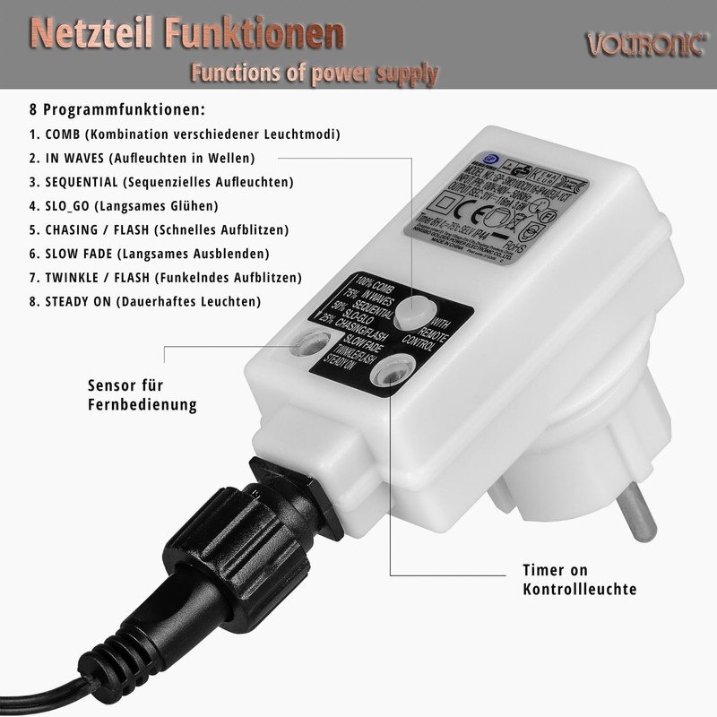 VOLTRONIC LED Lichterkette, IP44, Modell- und Farbwahl, 100 LEDs, Transparentes