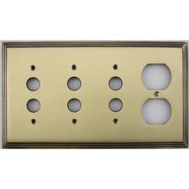 Deco Step Style Antique Brass 4 Gang Switch Plate - 3 Push Button Openings 1 Duplex Outlet Opening