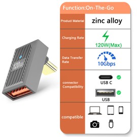 GELRHONR 90 Degree USB C to USB Adapter, Up Down Angle USB 3.1 Type c Male to USB Female Adapter OTG Converter 10Gbps 120W/6A Fast Charging,Thunderbolt 3 to USB Female Connector-2Pack (Style 3)