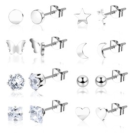 8 Pairs Silver Stud Earrings for Women, Stainless Steel Stud Earrings for Women, Star Moon Ball Heart Butterfly Studs Earrings Sets for Teens Girls Gifts