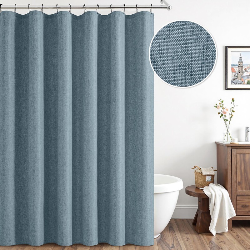 ANRODUO Linen Shower Curtain, Fabric Shower Curtain with 12 Metal