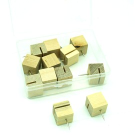 Wood Map Push Pins, Cube Head with Solt an Steel Point with Organizing Container for Home Office Craft Projects, Natural Color 12 pcs (Cube with Card Slot)