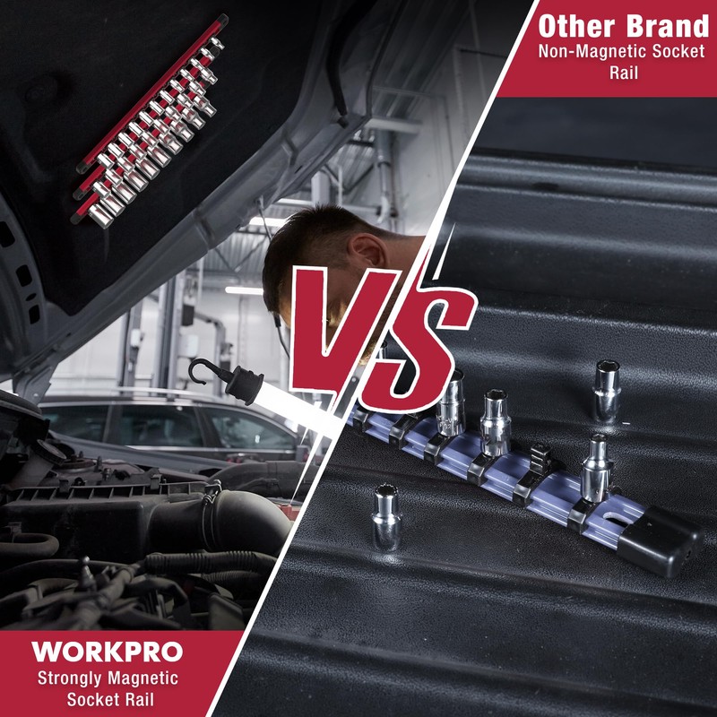 WORKPRO Magnetic Socket Organizer Set, 3-Piece Aluminum Alloy Socket Rail,