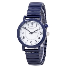 Blekon Women's Light Up Dial Watch, Analog Display, 33mm Metal Case, Push Button, Glossy Expansion Band, White (Navy)